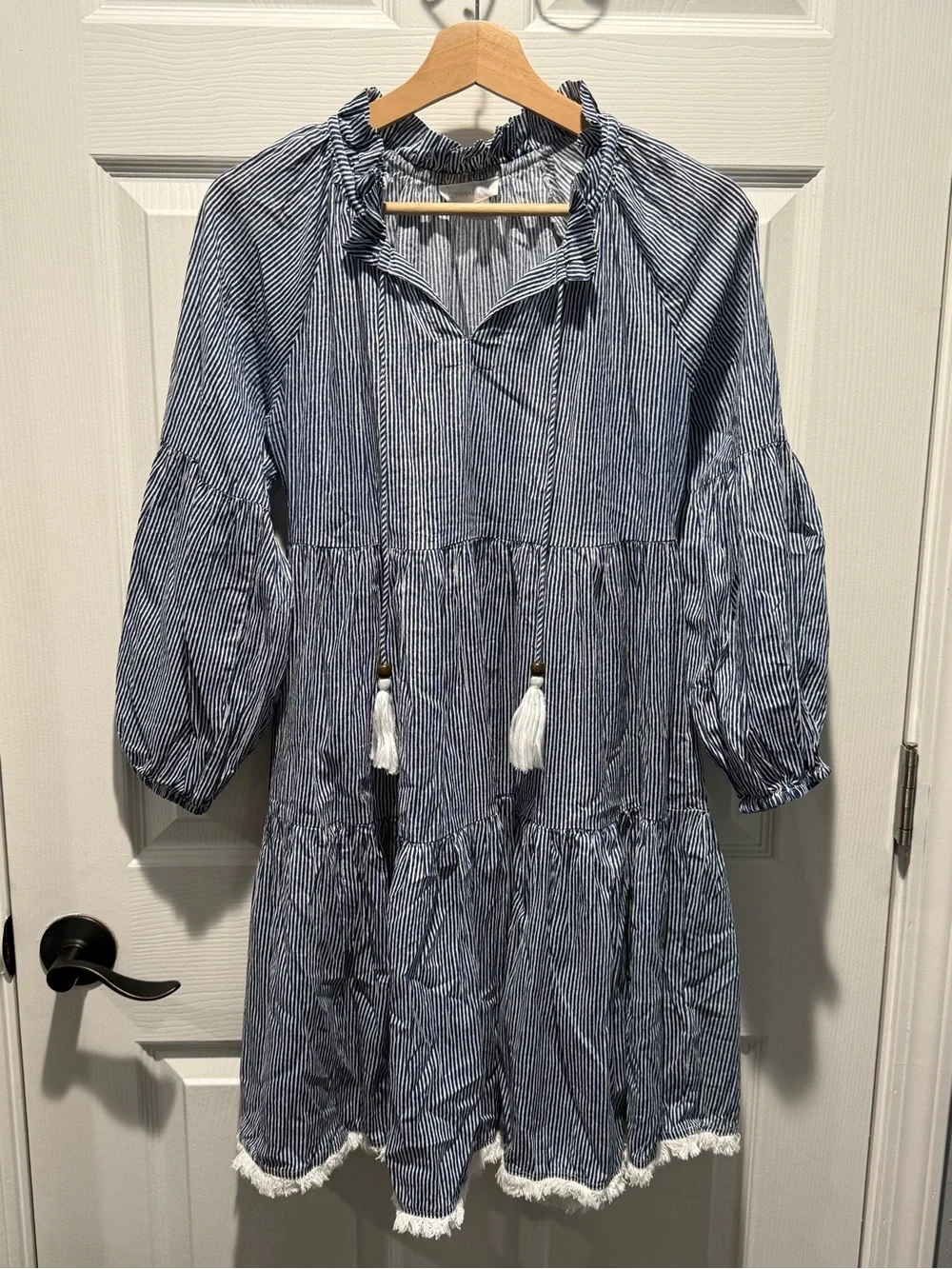 Cynthia Rowley Women's Blue Stripe Tiered Dress with Tassels